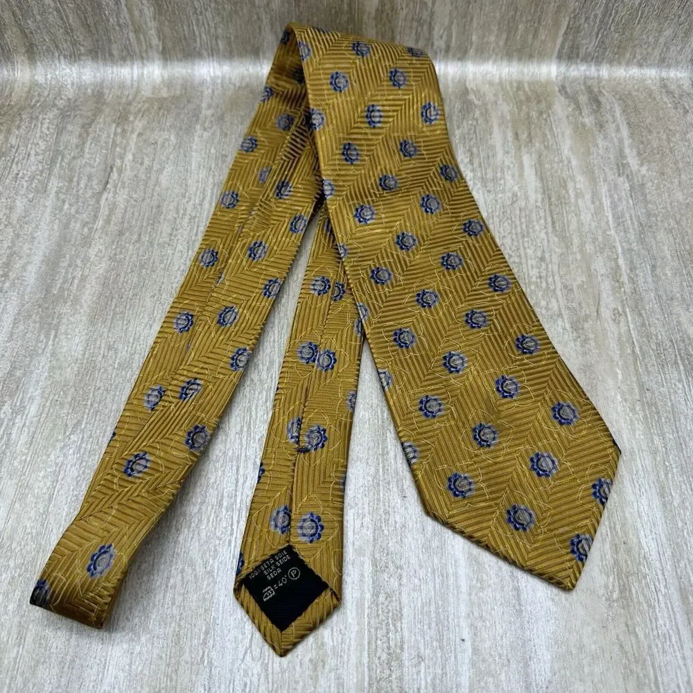 ERMENEGILDO Zegna Men's Gold & Blue Silk‎ Necktie Tie Made In Italy Squares